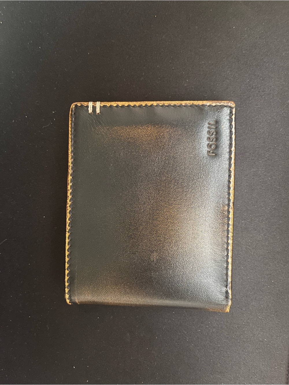 Fossil Black Leather Wallet with Tan Stitching